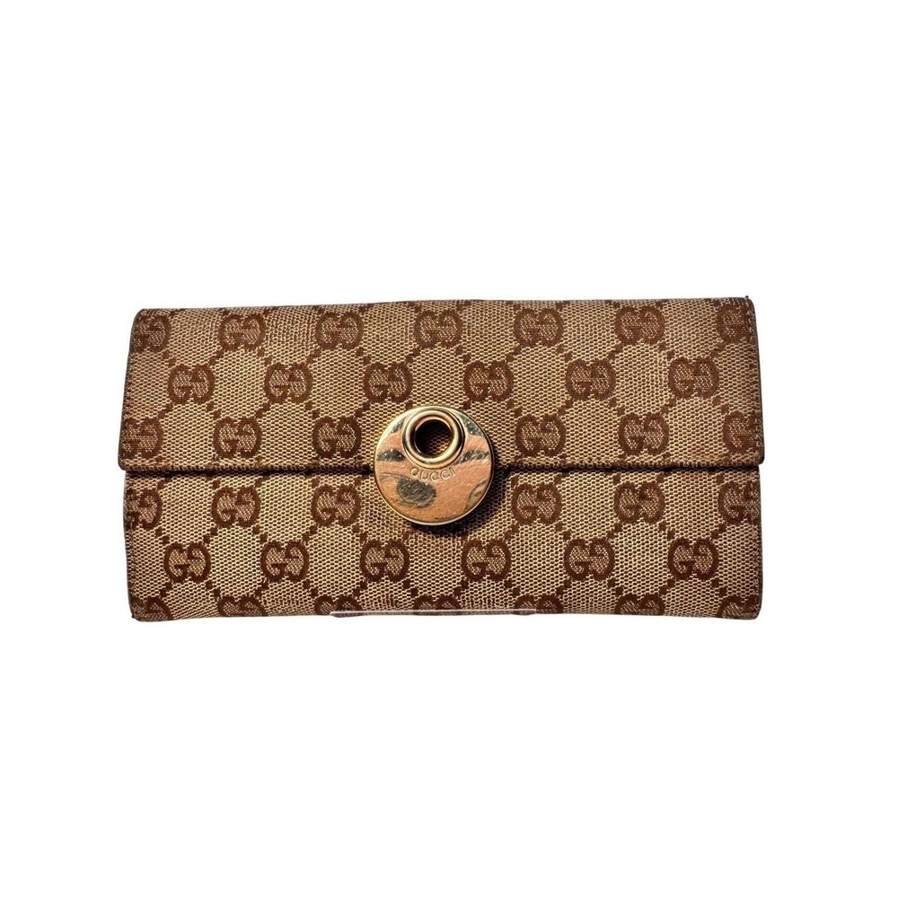 Gucci Eclipse long wallet tri fold w/ gold snap close brown canvas & pinkleather - Picture 3 of 14